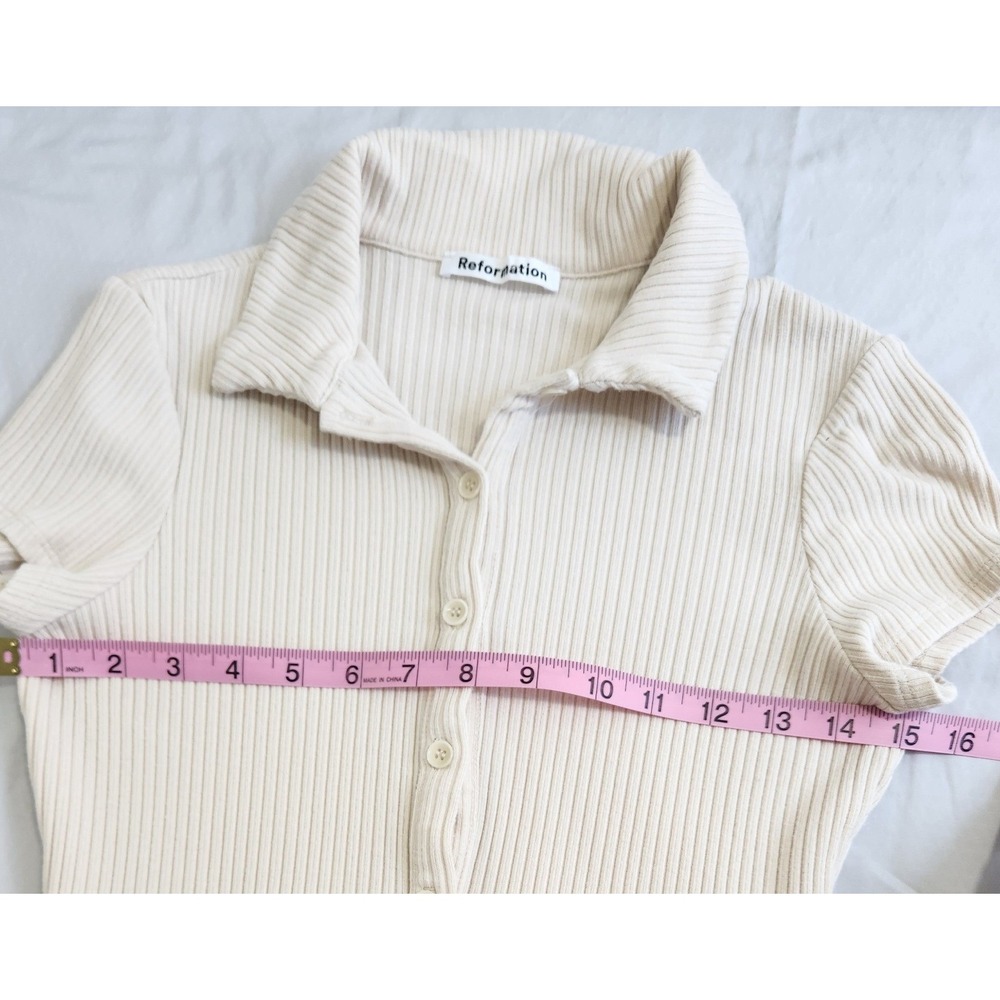 Reformation Ribbed Knit Jumpsuit Cream Beige Short Sleeve Wide Leg Polo Collar - Picture 5 of 11